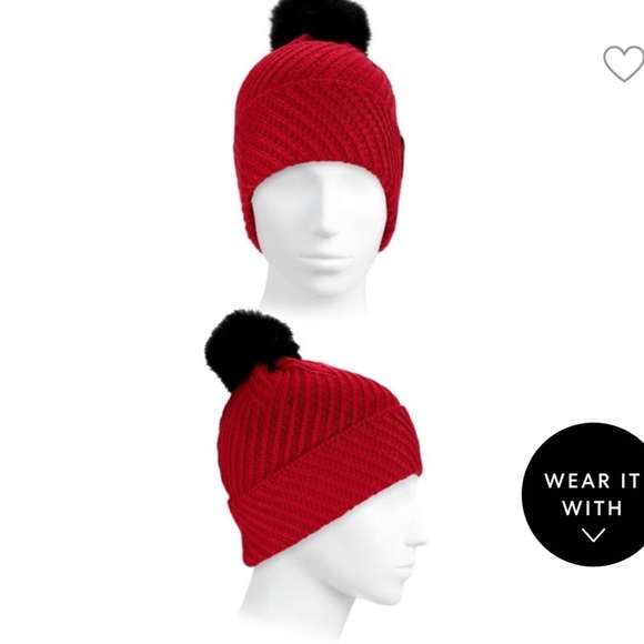 CALVIN KLEIN Women’s Textured Faux Fur Pom Pom Red/black Beanie NWT $58 - Picture 4 of 13